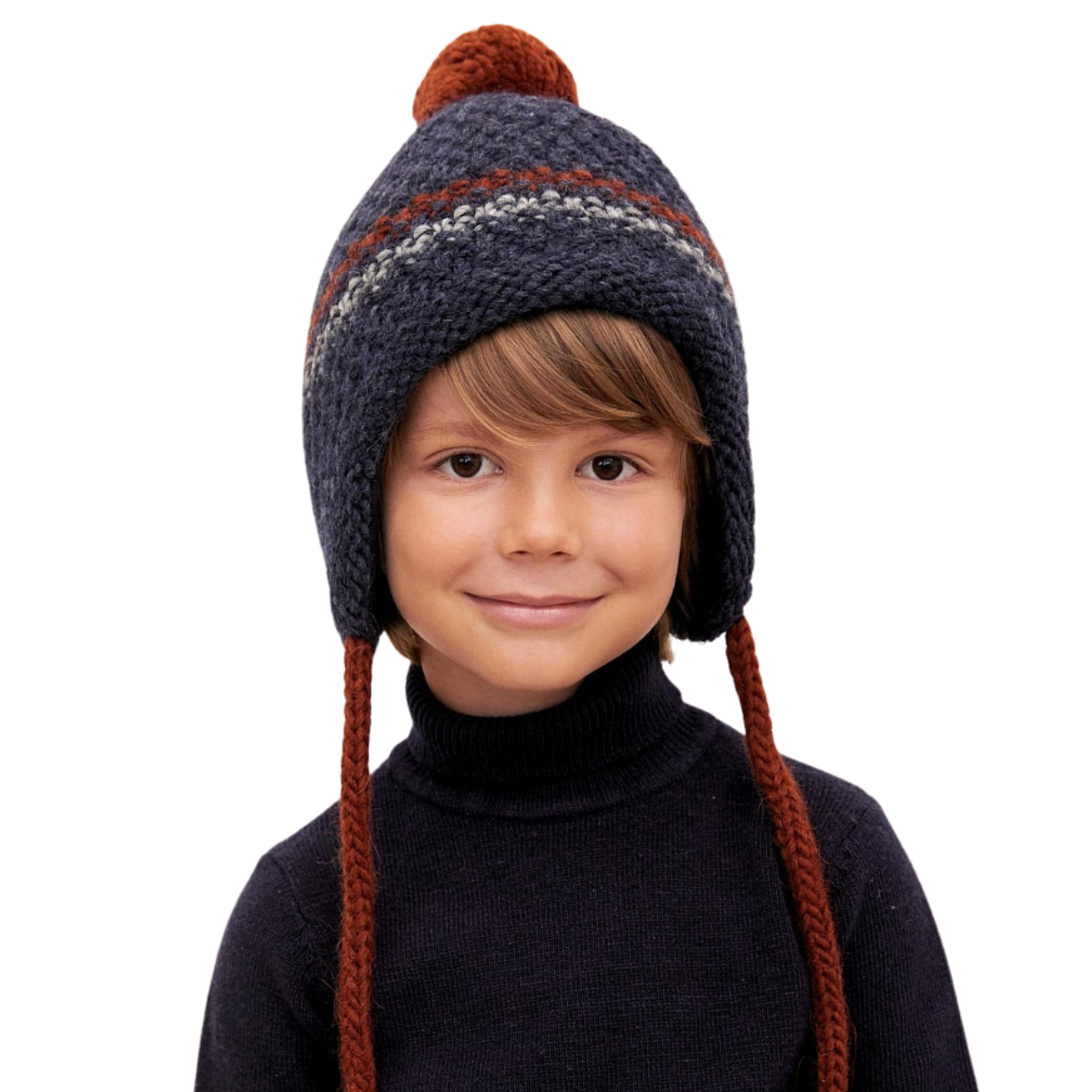 90115 Boys’ Winter Knit Hat with Pom-Pom & Earflaps – Gray Cable Knit Design | Size 52-54 | 3–5 years | Baby Alpaca, Wool | 100% Cotton Lining