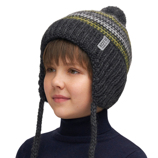 11187 Boys’ Winter Knit Hat with Stripes & Pom-Pom – Baby Alpaca Blend | Size 52-54 | 3–5 years | Baby Alpaca, Wool | 100% Cotton Lining