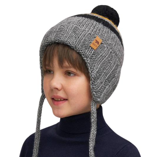 11011 Boys’ Winter Knit Hat with Colorful Stripes & Pom-Pom – Wool Blend | Size 52-54, 54-56| 3–5, 6-12 years | Baby Alpaca, Wool | 100% Cotton Lining