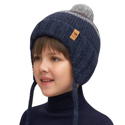 11011 Boys’ Winter Knit Hat with Colorful Stripes & Pom-Pom – Wool Blend | Size 52-54, 54-56| 3–5, 6-12 years | Baby Alpaca, Wool | 100% Cotton Lining