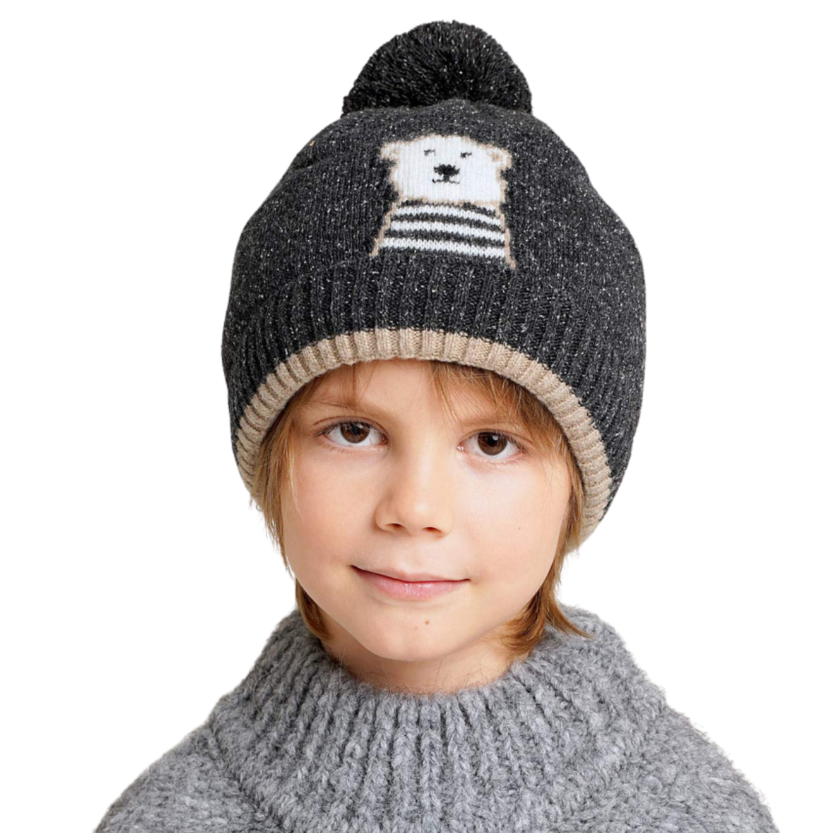 80720 Boys’ Winter Knit Hat with Polar Bear Design & Pom-Pom – Wool & Silk Blend | Size 52–54 | Ages 3–5 Years | Cotton Lining + Insulation | Up to –10°C