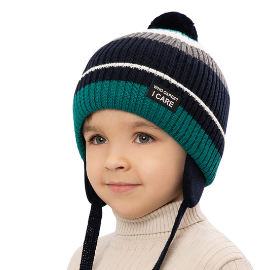 12224 Boys’ Winter Knit Hat with Colorful Stripes & Pom-Pom – Wool Blend | Size 52-54 | 3–5 years | Wool | 100% Cotton Lining