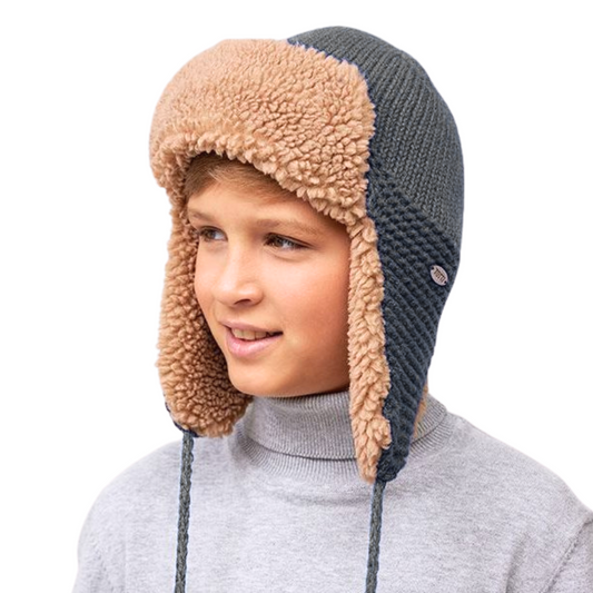 10145 Boys’ Winter Trapper Hat with Earflaps & Faux Fur Lining | Size 54-56 | 6–12 years | Wool | 100% Cotton Lining