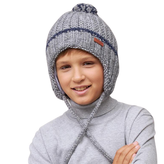 10243 Boys’ Knitted Winter Hat with Contrast Stripe & Pom-Pom – Baby Alpaca & Wool Blend | Sizes 54–56 | Ages 6–12 Years