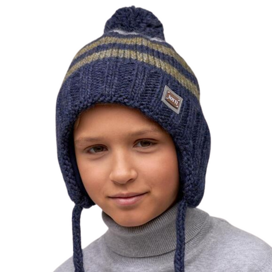 10129 Boys’ Knitted Winter Hat with Stripes & Pom-Pom – Baby Alpaca Blend | Sizes 54–56 | Ages 6–12 Years