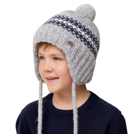 10027 Boys’ Knitted Winter Hat with Nordic Stripes & Pom-Pom – Wool Blend | Sizes 54–56 | Ages 6–12 Years