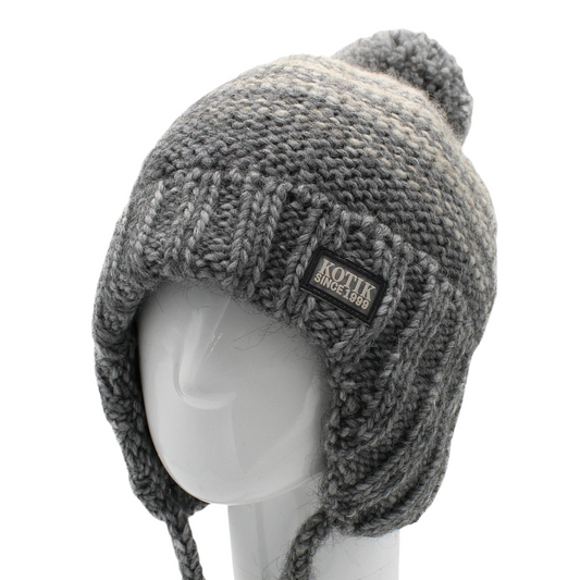 90133 Boys’ Knitted Winter Hat with Earflaps & Pom-Pom – Gray Wool Blend | Sizes 54–56 | Ages 6–12 Years