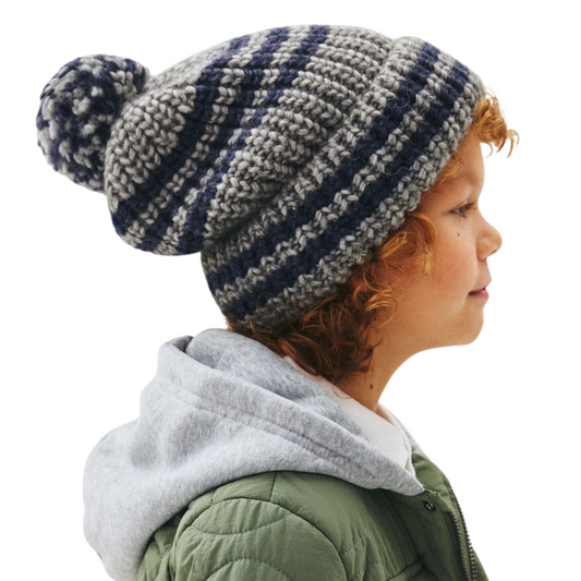 10042 Boys’ Knitted Winter Beanie with Stripes & Pom-Pom – Wool Blend | Sizes 54–56 | Ages 6–12 Years