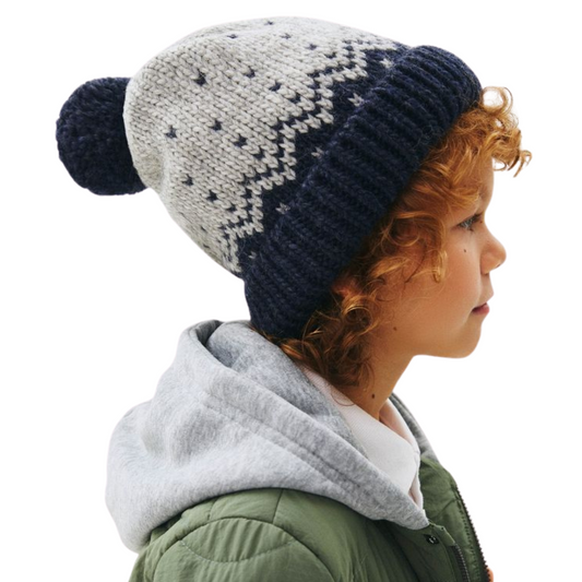 10032 Boys’ Knitted Winter Beanie with Nordic Pattern & Pom-Pom – Wool Blend | Sizes 54–56 | Ages 6–12 Years