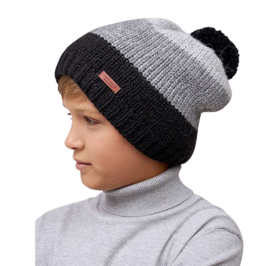10121 Boys’ Three-Tone Knitted Winter Beanie with Pom-Pom – Wool Blend | Sizes 54–56 | Ages 6–12 Years