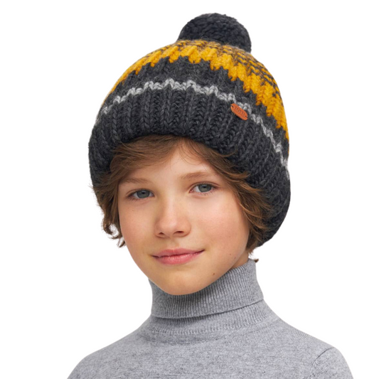 11049 Boys’ Knitted Winter Hat with Bold 3-Tone Stripes & Pom-Pom – Wool Blend | Sizes 54–56 | Ages 6–12 Years