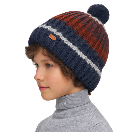 11049 Boys’ Knitted Winter Hat with Bold 3-Tone Stripes & Pom-Pom – Wool Blend | Sizes 54–56 | Ages 6–12 Years