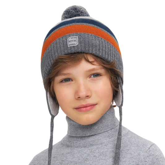 11015 Boys’ Knitted Euro Winter Hat with Earflaps, Colorful Stripes & Pom-Pom – Wool Blend | Sizes 54–56 | Ages 6–12