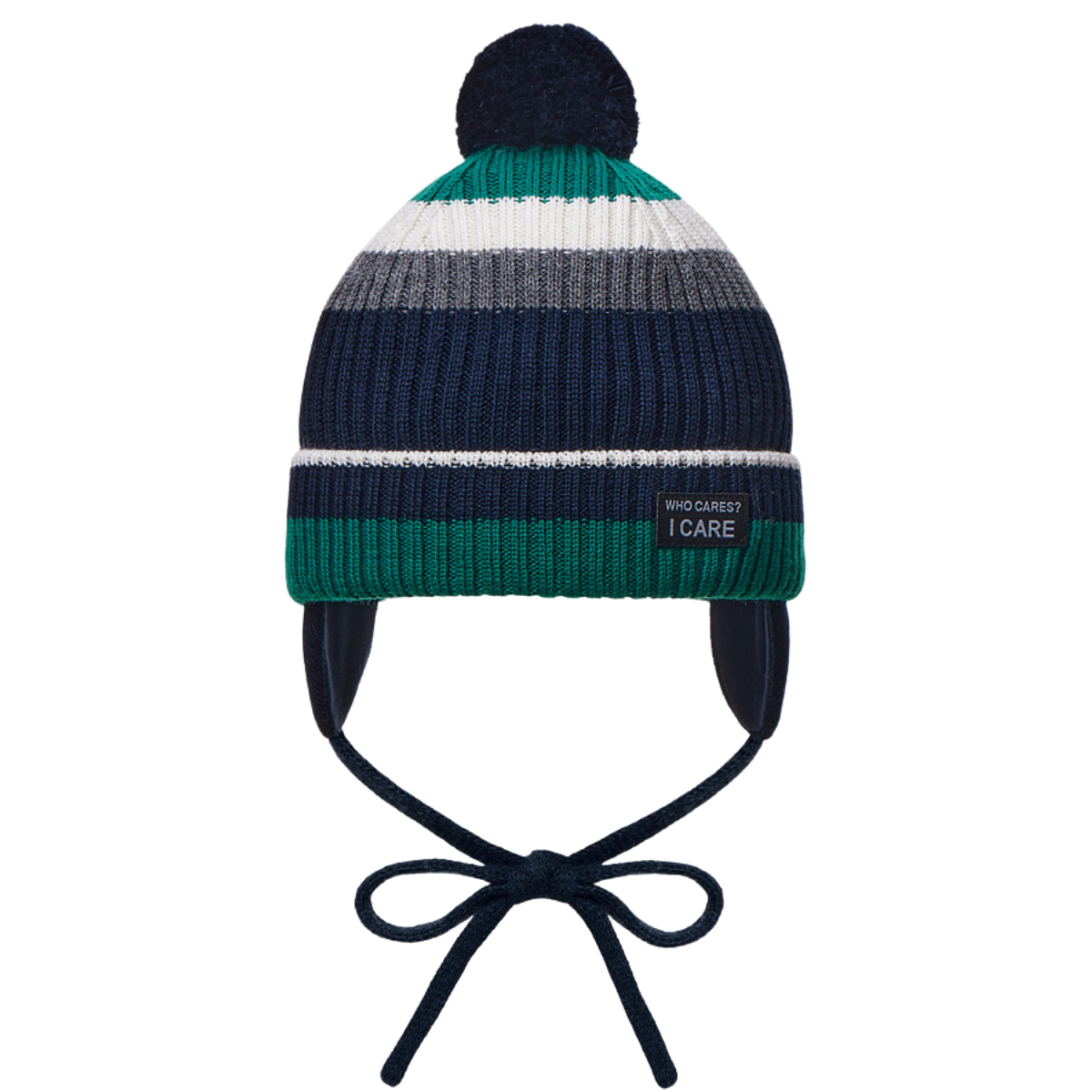 11224 Boys’ Striped Winter Knit Hat with Pom-Pom & Earflaps – Wool Blend | Sizes 54–56 | Ages 6–12