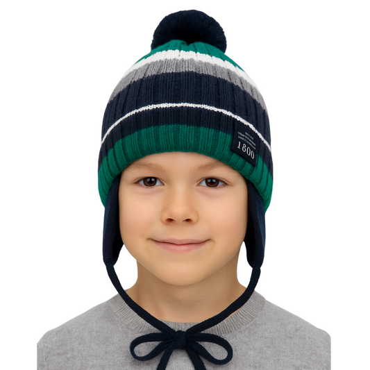 11224 Boys’ Striped Winter Knit Hat with Pom-Pom & Earflaps – Wool Blend | Sizes 54–56 | Ages 6–12