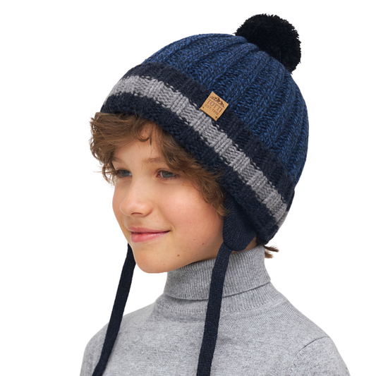 11270 Boys’ Knitted Winter Hat with Stripes & Pom-Pom – Cashmere & Wool Blend | Size 54-56| 6-12 years | 100% Cotton Lining