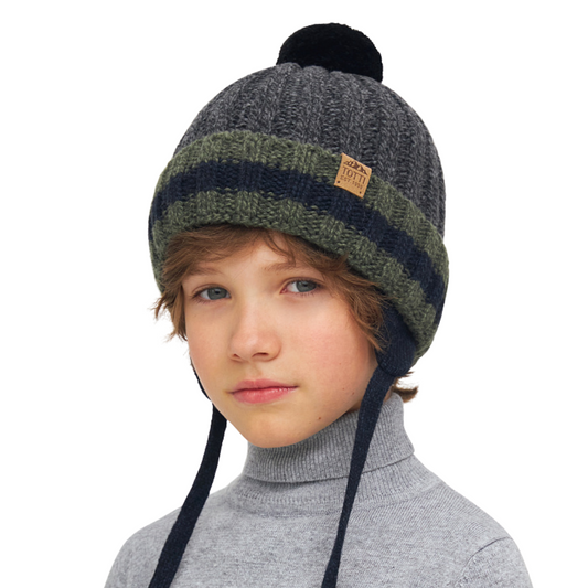 11270 Boys’ Knitted Winter Hat with Stripes & Pom-Pom – Cashmere & Wool Blend | Size 54-56| 6-12 years | 100% Cotton Lining