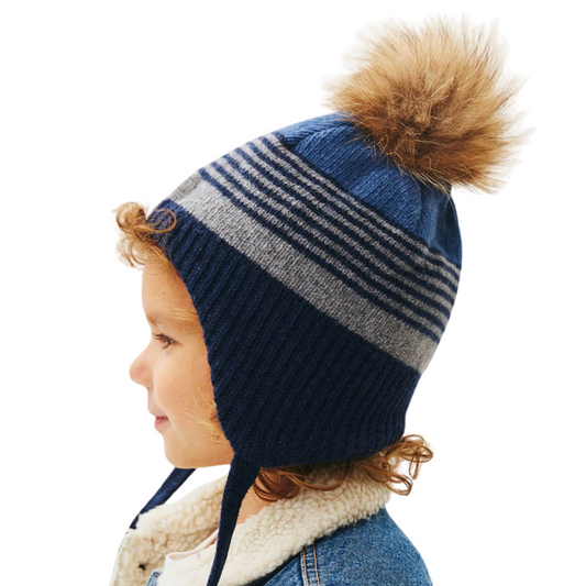 11162 Boys’ Knitted Winter Hat with Stripes & Natural Fur Pom-Pom – Cashmere Wool Blend | Sizes 54–56 | Ages 6–12 Years