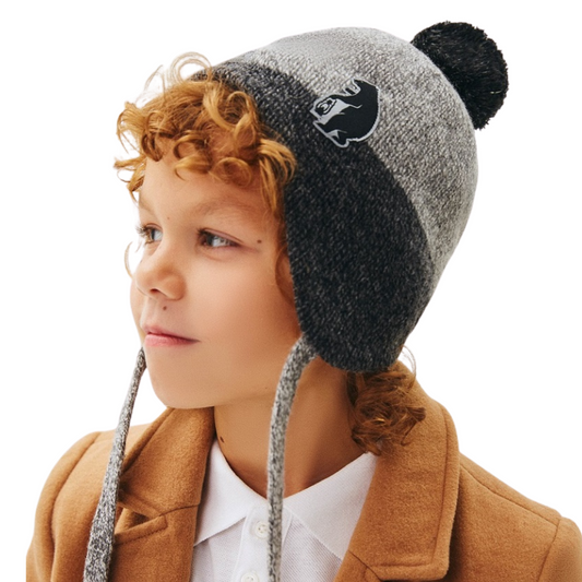 11127 Boys’ Knitted Winter Hat with Bear Patch & Pom-Pom – Wool Blend | Size 54–56 | Ages 6–12 Years