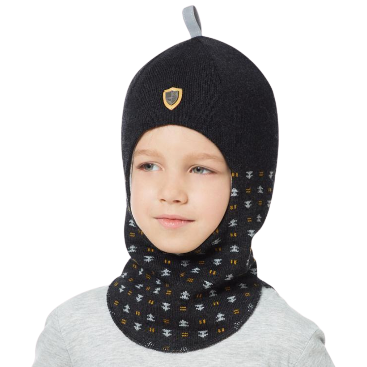 80575 Boys’ Knitted Winter Balaclava with Shield Patch & Pattern – Wool Blend | Ages 18–30 Months | Sizes 50–52