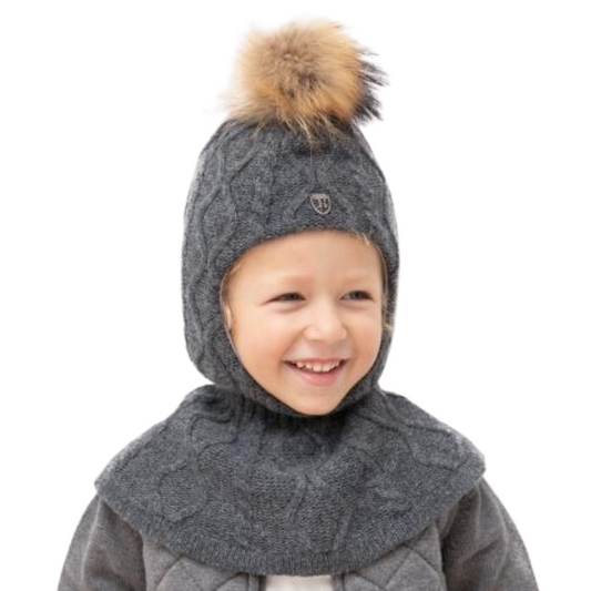 80412 Boys’ Wool & Cashmere Winter Balaclava with Cables & Natural Fur Pom-Pom | Ages 18-30 Months, 3-4, 7-8 Years | Sizes 50–52, 52-54, 55-56