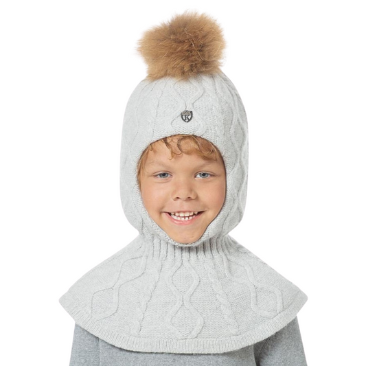 80412 Boys’ Wool & Cashmere Winter Balaclava with Cables & Natural Fur Pom-Pom | Ages 18-30 Months, 3-4, 7-8 Years | Sizes 50–52, 52-54, 55-56