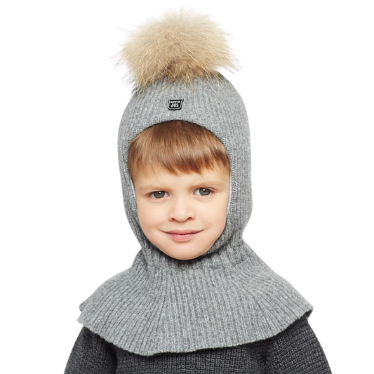 50212 Boys’ Wool & Cashmere Winter Balaclava with Cables & Natural Fur Pom-Pom | Ages 7-8 Years | Sizes 55-56