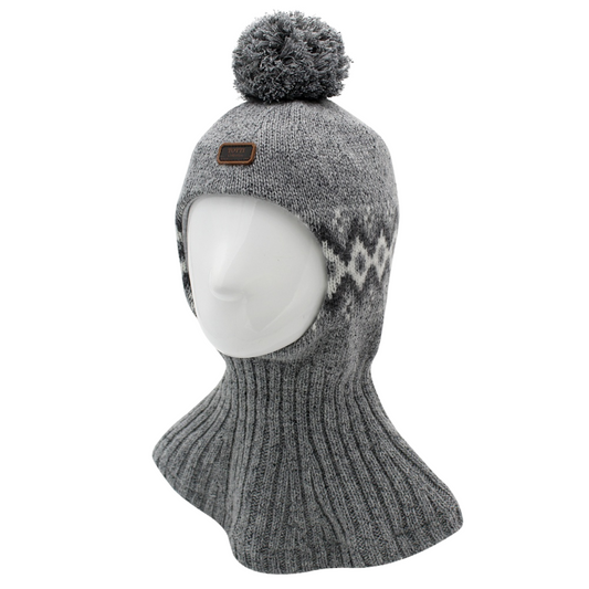 80719 Boys’ Knitted Winter Balaclava with Nordic Pattern & Pom-Pom | Wool Blend & Cotton Lining | Ages 5-6 Years | Sizes 54-55