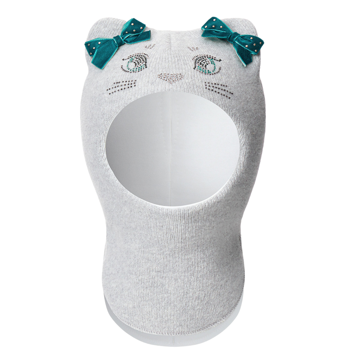 60654 Girls’ Knitted Winter Balaclava with Cat Ears & Velvet Bows | Cashmere & Wool | Ages 9-18, 18–30 Months, 3–4, 5–6, 7–8 Years (48–55 cm)