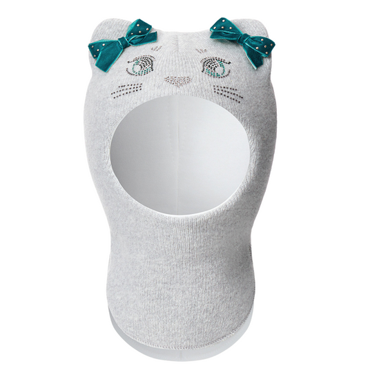 60654 Girls’ Knitted Winter Balaclava with Cat Ears & Velvet Bows | Cashmere & Wool | Ages 9-18, 18–30 Months, 3–4, 5–6, 7–8 Years (48–55 cm)
