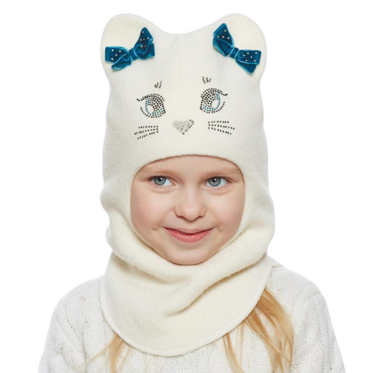 60654 Girls’ Knitted Winter Balaclava with Cat Ears & Velvet Bows | Cashmere & Wool | Ages 9-18, 18–30 Months, 3–4, 5–6, 7–8 Years (48–55 cm)