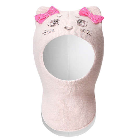 60654 Girls’ Knitted Winter Balaclava with Cat Ears & Velvet Bows | Cashmere & Wool | Ages 9-18, 18–30 Months, 3–4, 5–6, 7–8 Years (48–55 cm)