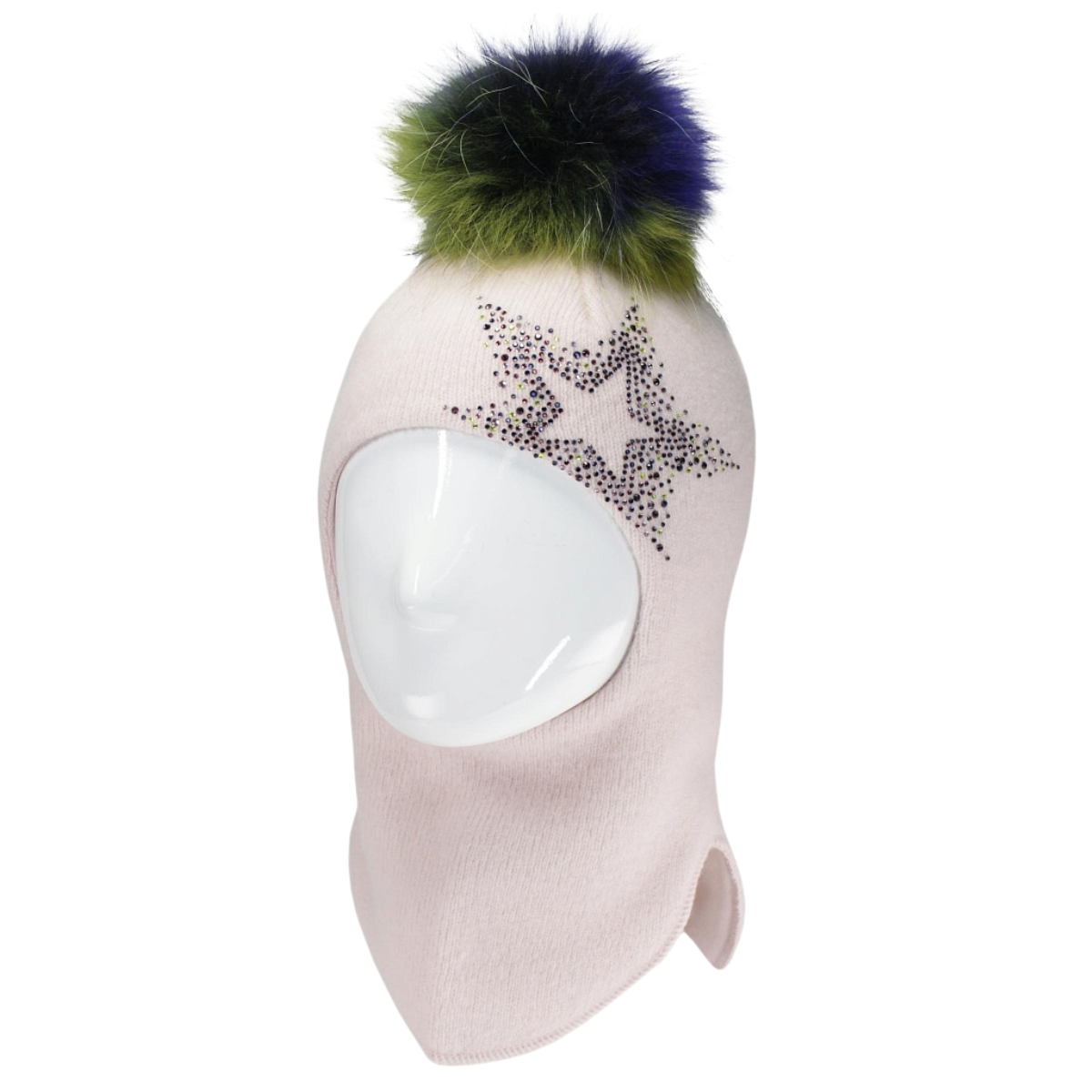 70332 Baby Girls’ Wool and Cashmere Winter Balaclava with Rhinestone Star & Natural Fur Pom-Pom | 9–18 Months (48–50 cm)