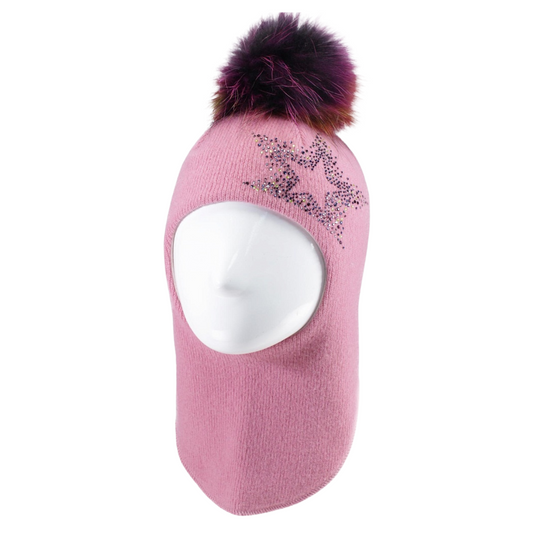 70332 Baby Girls’ Wool and Cashmere Winter Balaclava with Rhinestone Star & Natural Fur Pom-Pom | 9–18 Months (48–50 cm)