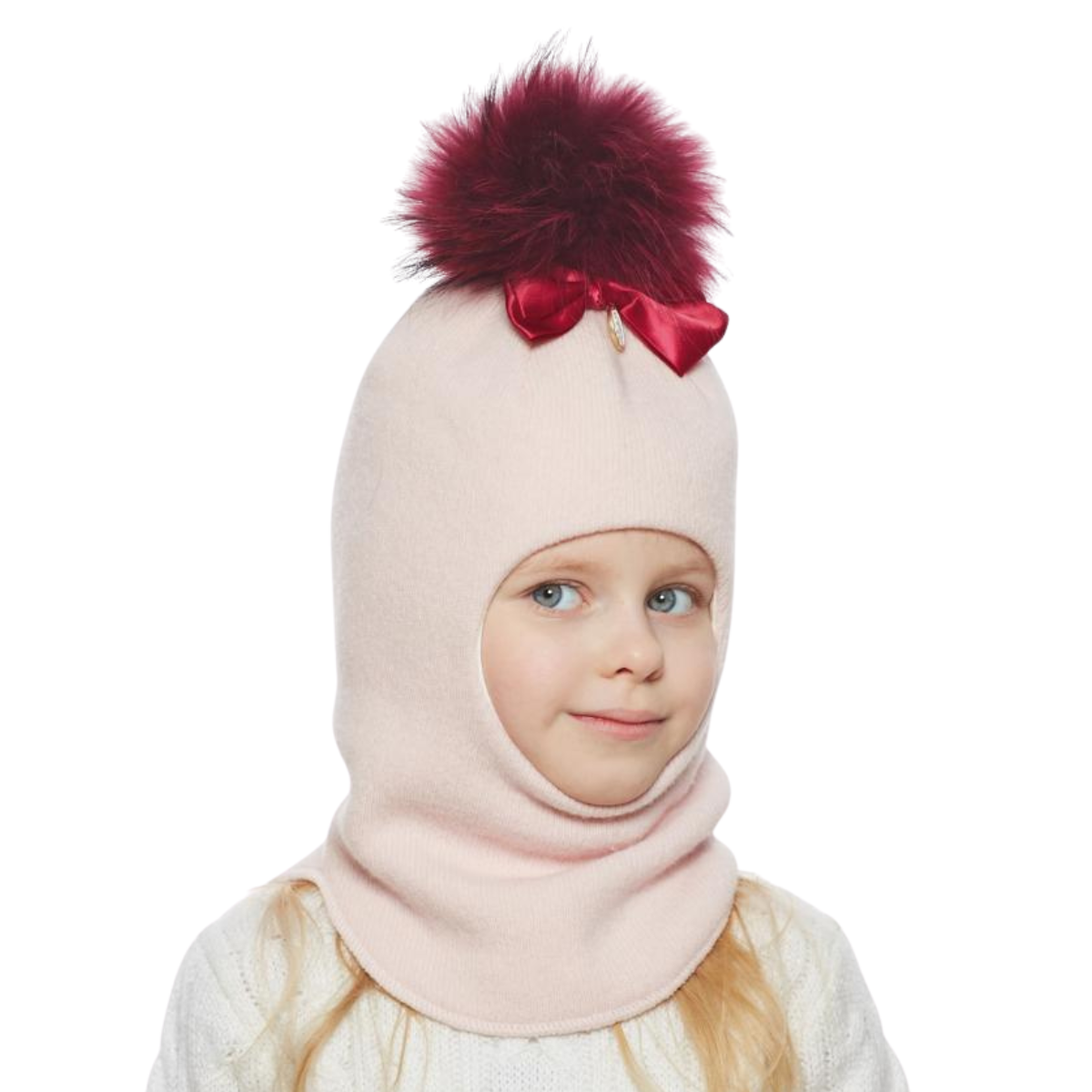 70332 Baby Girls’ Wool and Cashmere Winter Balaclava with Natural Fur Pom-Pom | 9–18 Months, 3-4 Years (48–50, 52-54 cm)