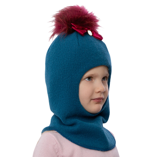 70332 Baby Girls’ Wool and Cashmere Winter Balaclava with Natural Fur Pom-Pom | 9–18 Months, 3-4 Years (48–50, 52-54 cm)
