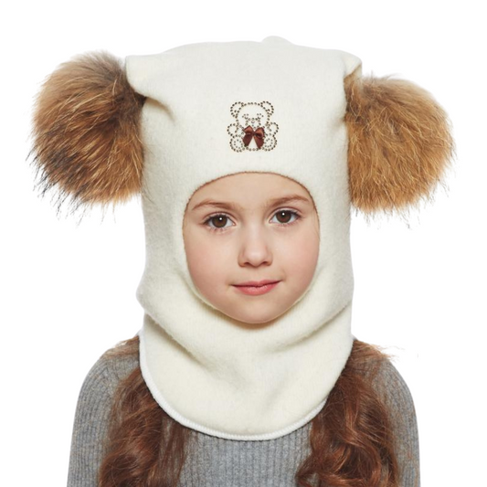 60302 Girls’ Knitted Winter Balaclava with Double Natural Fur Pom-Poms & Teddy Bear Design | 9–18 Months, 18–30 Months, 3–4, 5-6 Years (48–54 cm)