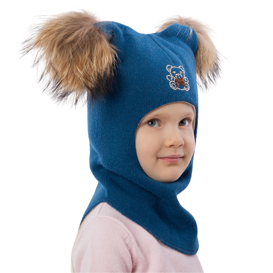 60302 Girls’ Knitted Winter Balaclava with Double Natural Fur Pom-Poms & Teddy Bear Design | 9–18 Months, 18–30 Months, 3–4, 5-6 Years (48–54 cm)
