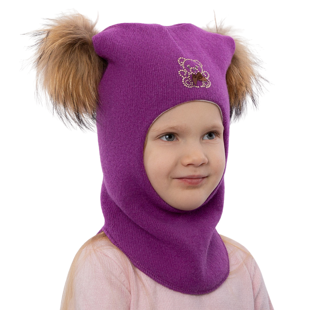 60302 Girls’ Knitted Winter Balaclava with Double Natural Fur Pom-Poms & Teddy Bear Design | 9–18 Months, 18–30 Months, 3–4, 5-6 Years (48–54 cm)
