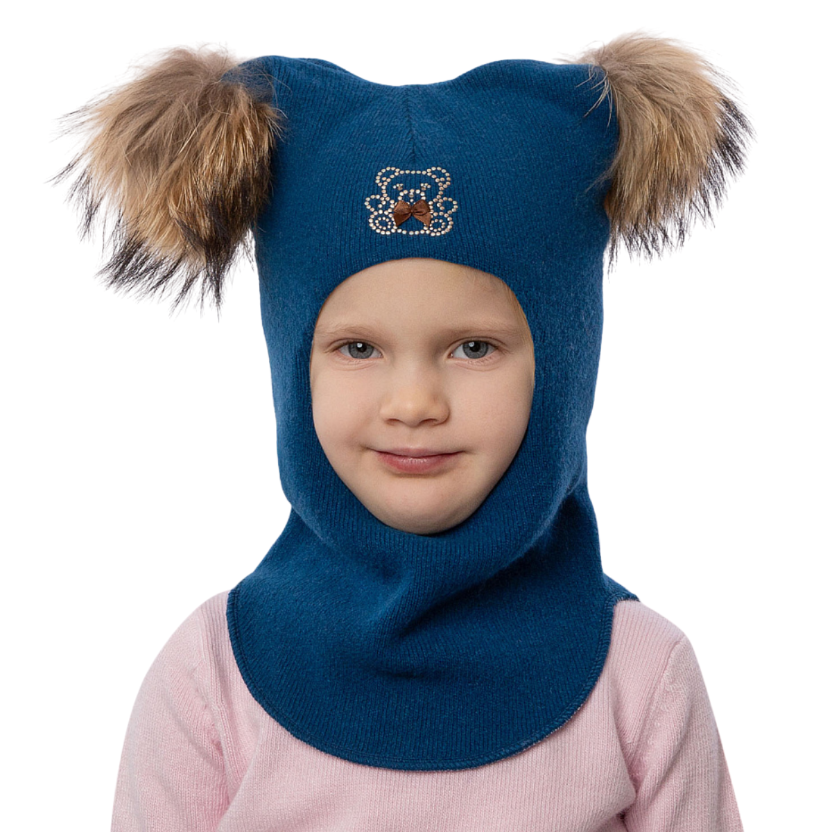 60302 Girls’ Knitted Winter Balaclava with Double Natural Fur Pom-Poms & Teddy Bear Design | 9–18 Months, 18–30 Months, 3–4, 5-6 Years (48–54 cm)
