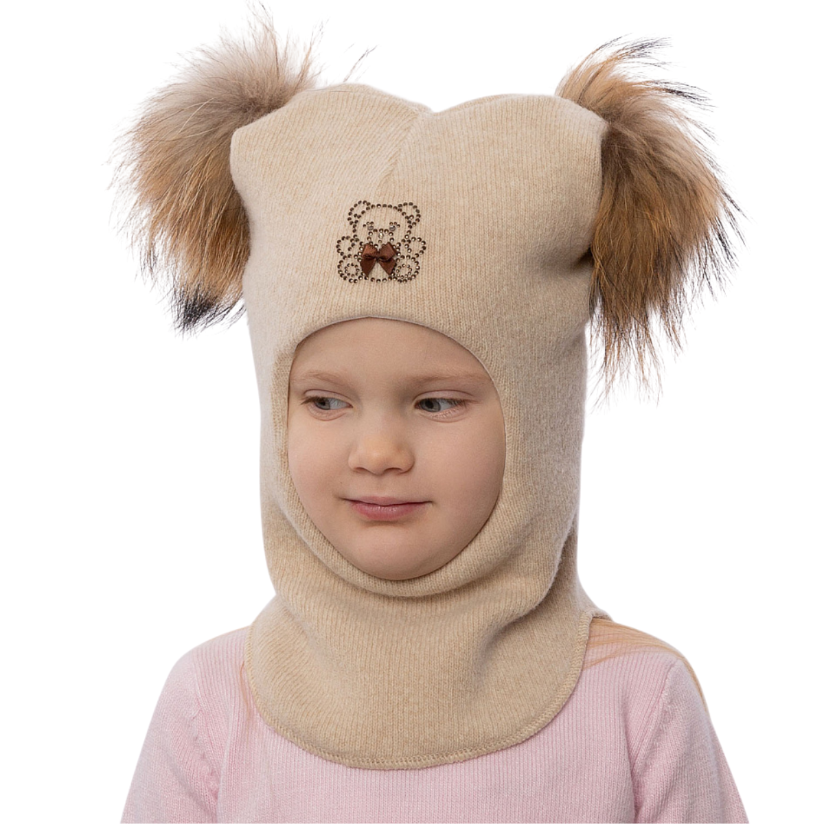 60302 Girls’ Knitted Winter Balaclava with Double Natural Fur Pom-Poms & Teddy Bear Design | 9–18 Months, 18–30 Months, 3–4, 5-6 Years (48–54 cm)