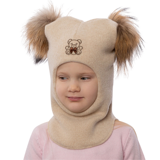 60302 Girls’ Knitted Winter Balaclava with Double Natural Fur Pom-Poms & Teddy Bear Design | 9–18 Months, 18–30 Months, 3–4, 5-6 Years (48–54 cm)