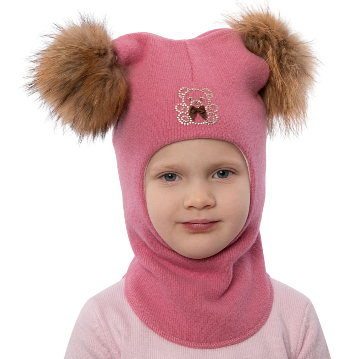 60302 Girls’ Knitted Winter Balaclava with Double Natural Fur Pom-Poms & Teddy Bear Design | 9–18 Months, 18–30 Months, 3–4, 5-6 Years (48–54 cm)