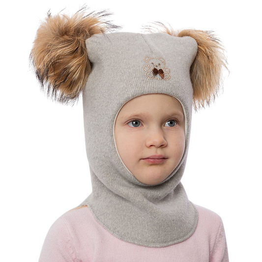 60302 Girls’ Knitted Winter Balaclava with Double Natural Fur Pom-Poms & Teddy Bear Design | 9–18 Months, 18–30 Months, 3–4, 5-6 Years (48–54 cm)