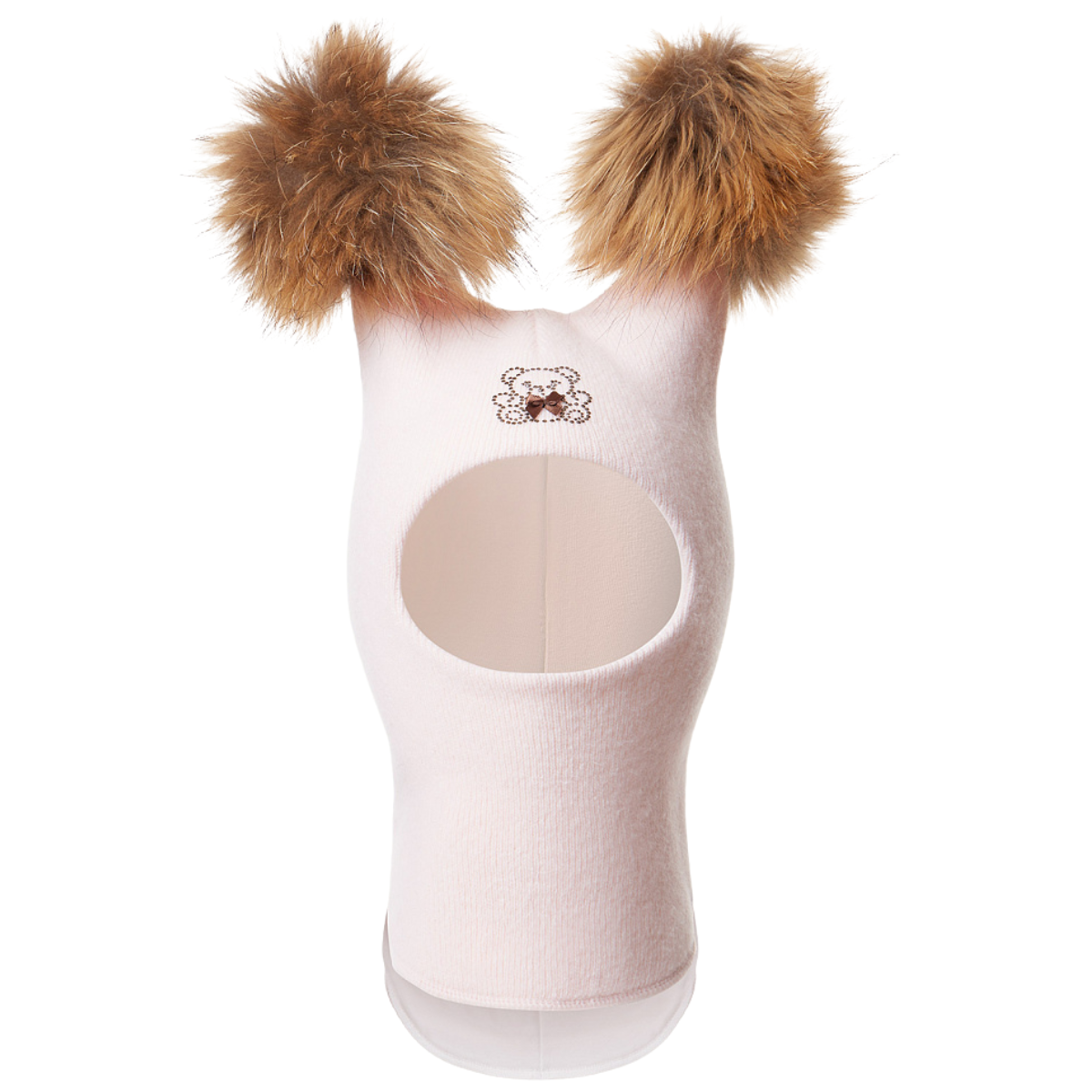 60302 Girls’ Knitted Winter Balaclava with Double Natural Fur Pom-Poms & Teddy Bear Design | 9–18 Months, 18–30 Months, 3–4, 5-6 Years (48–54 cm)