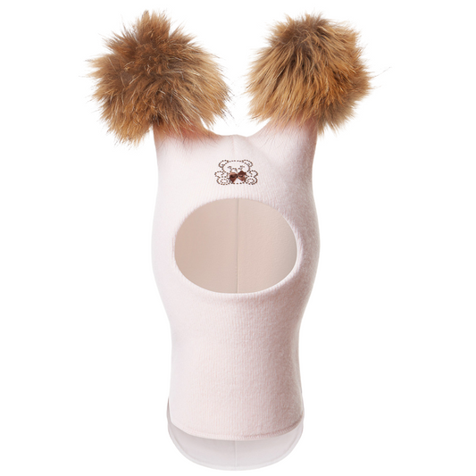 60302 Girls’ Knitted Winter Balaclava with Double Natural Fur Pom-Poms & Teddy Bear Design | 9–18 Months, 18–30 Months, 3–4, 5-6 Years (48–54 cm)