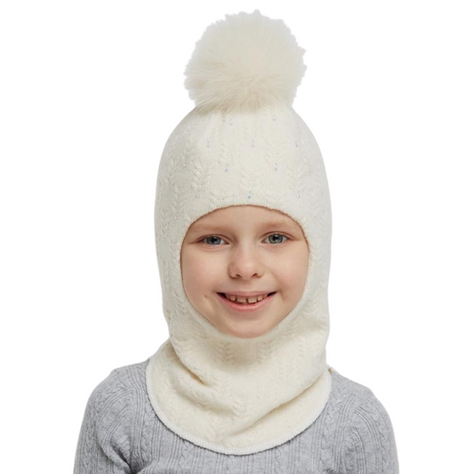 60657 Girls’ Knitted Winter Balaclava with Natural Fur Pom-Pom | Sizes 48–55 cm | Ages  9-18, 18–30 Months, 3–4, 5–6 Years