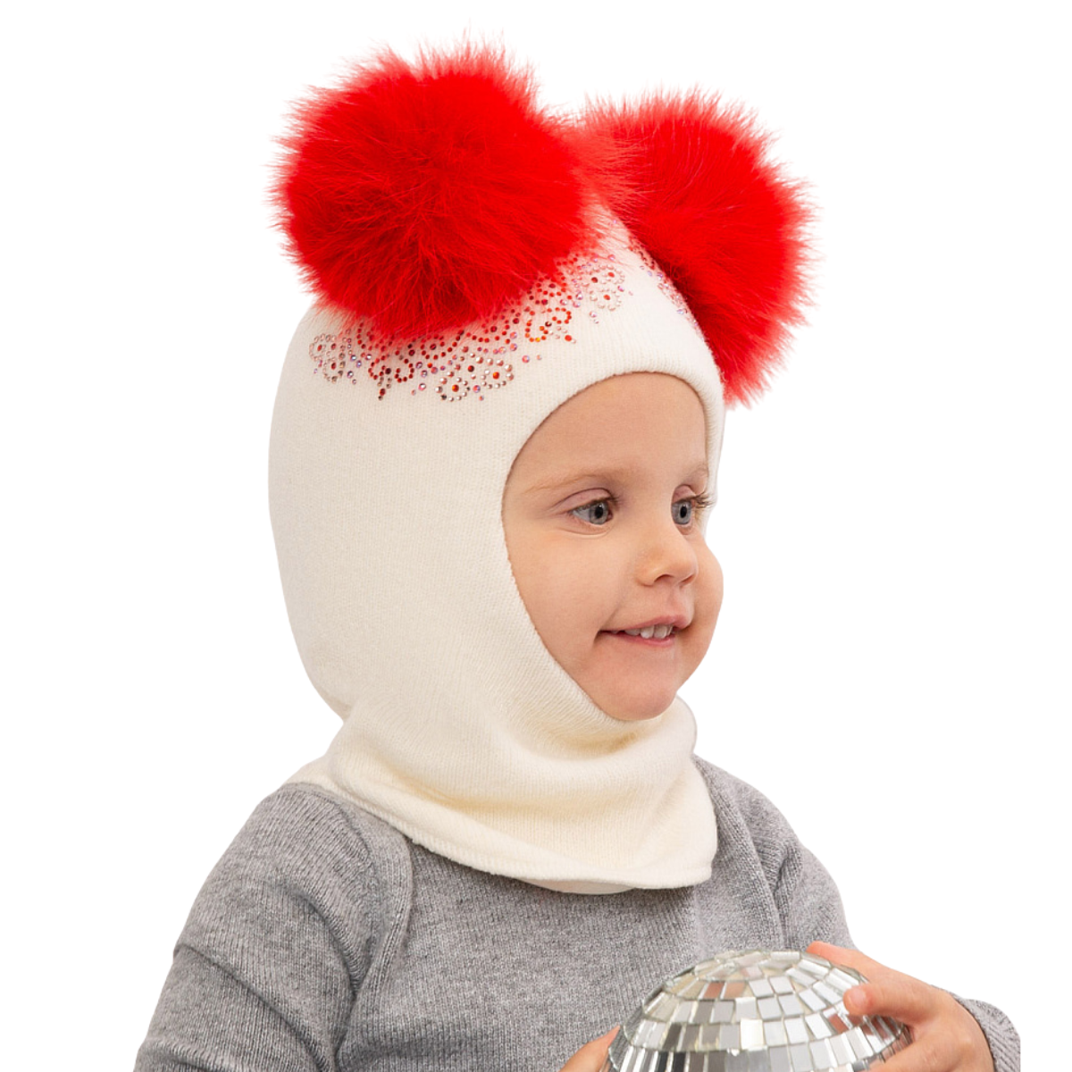 70384 Girls’ Winter Knitted Balaclava with Two Natural Fur Pom-Poms & Rhinestone Design | 50–52, 52–54, 54–55 cm | Ages 18–30M, 3–4, 5–6 Years