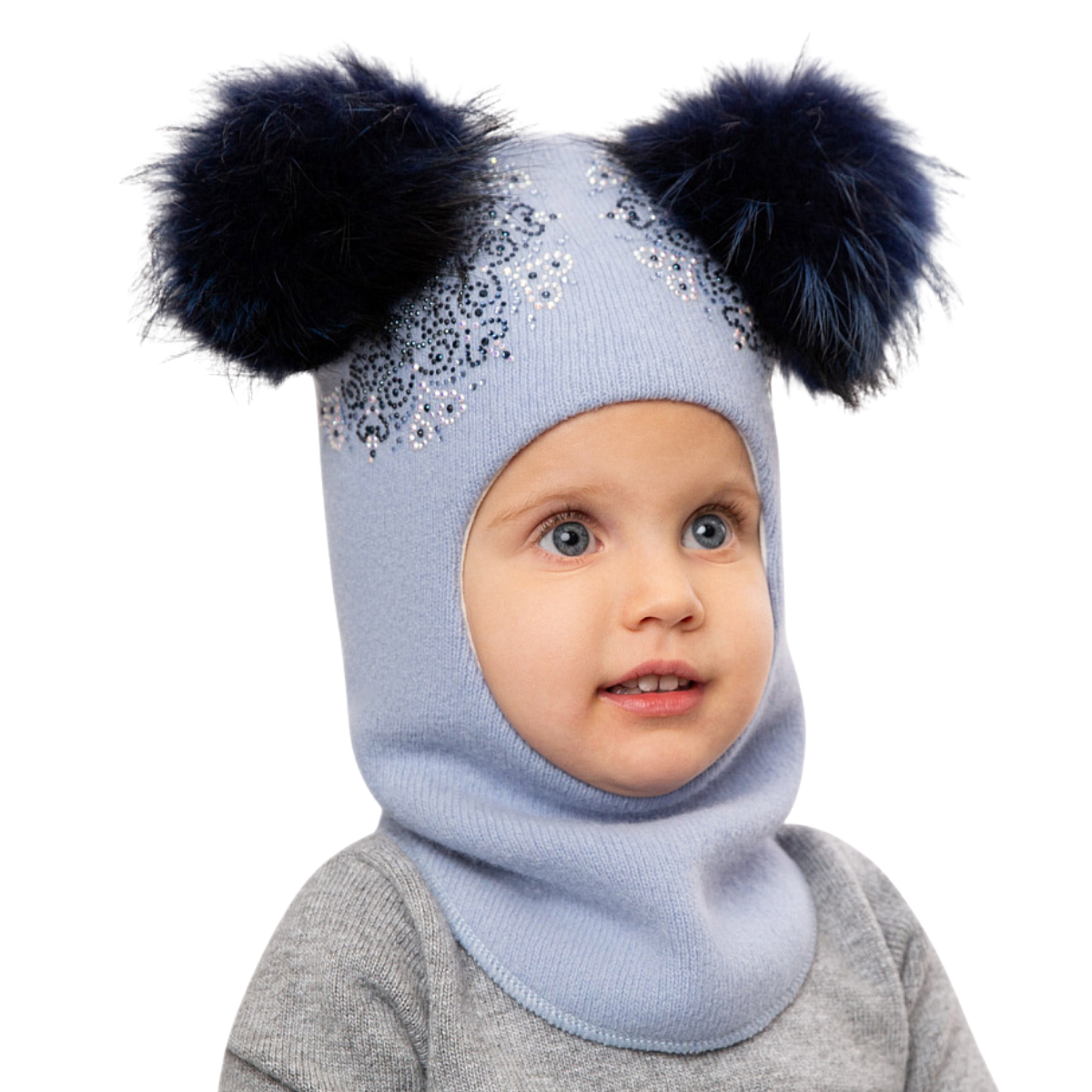 70384 Girls’ Winter Knitted Balaclava with Two Natural Fur Pom-Poms & Rhinestone Design | 50–52, 52–54, 54–55 cm | Ages 18–30M, 3–4, 5–6 Years