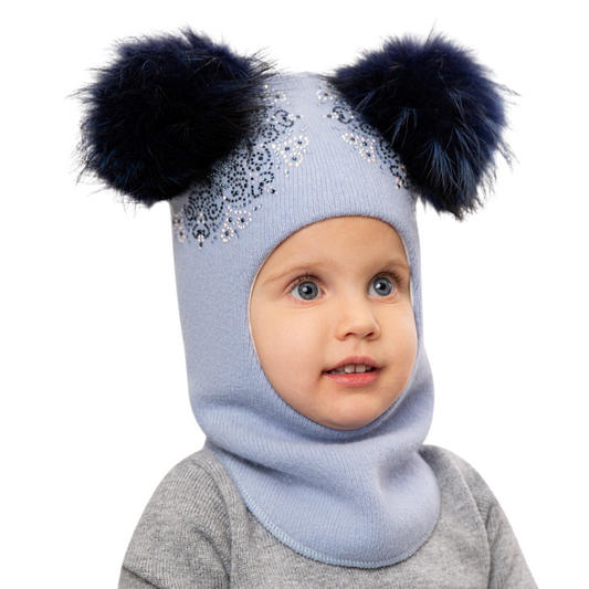 70384 Girls’ Winter Knitted Balaclava with Two Natural Fur Pom-Poms & Rhinestone Design | 50–52, 52–54, 54–55 cm | Ages 18–30M, 3–4, 5–6 Years